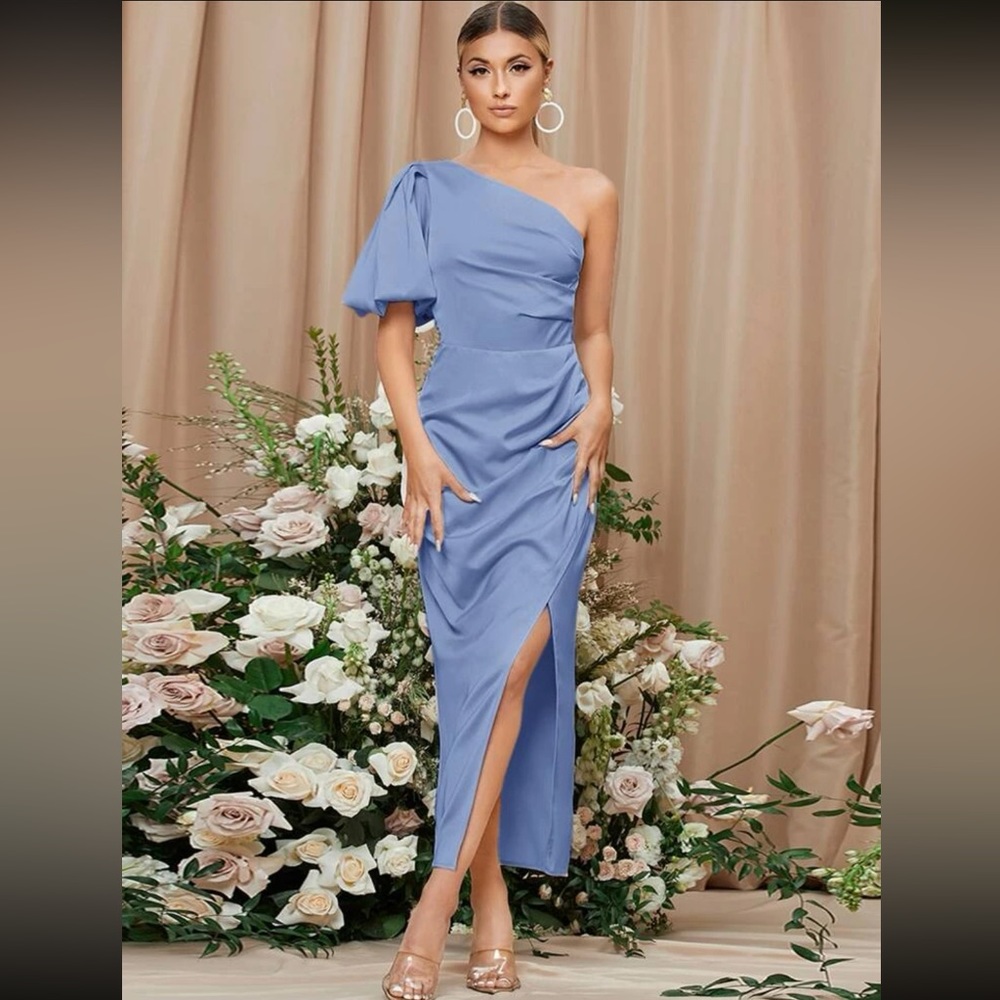 Dusty Blue SHEIN Belle Solid One Shoulder Lantern Sleeve Split Thigh Dress